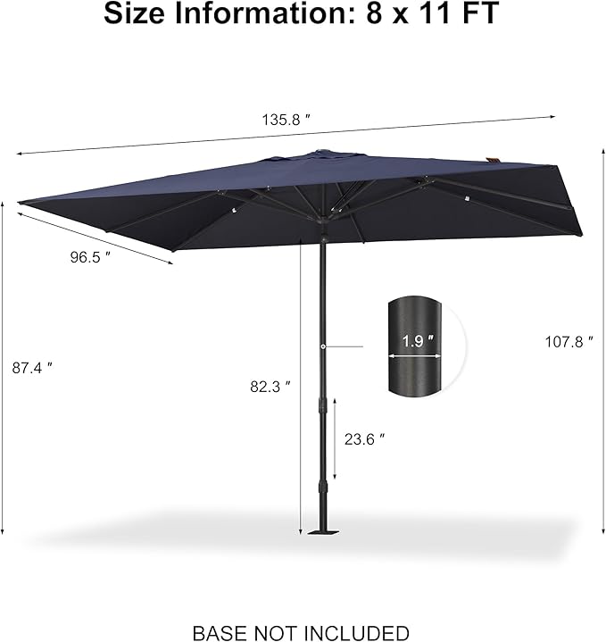 PURPLE LEAF 11' x 8' Rectangular Semi-Auto Outdoor Patio Umbrella Aluminium Market Umbrella Table Sun Umbrella with 1.89" Rod and 8 Sturdy Ribs for Deck Lawn Pool Garden, Navy Blue