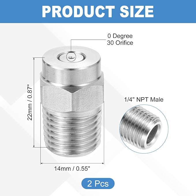 uxcell 2Pcs Pressure Washer Nozzle, Stainless Steel Thread Nozzles Tips, Universal Replacement for Undercarriage Cleaner Water Broom, 1/4 Inch NPT Male, 0 Degree 030 Orifice