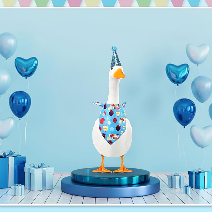 Happy Birthday Goose Outfit with Glitter Hat and Bandana,Blue | for 23" 17" Cement Plastic Porch Goose, Outdoor Statue Patio Yard Lawn Art