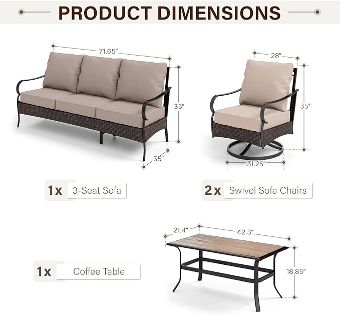GREEN PARTY Extra Large Outdoor Patio Furniture Set 4 Pieces for 5, Modern Metal Patio Conversation Sets with High Back 3-Seat Sofa, 2 Swivel Chairs, 1 Coffee Table, for Garden, Backyard