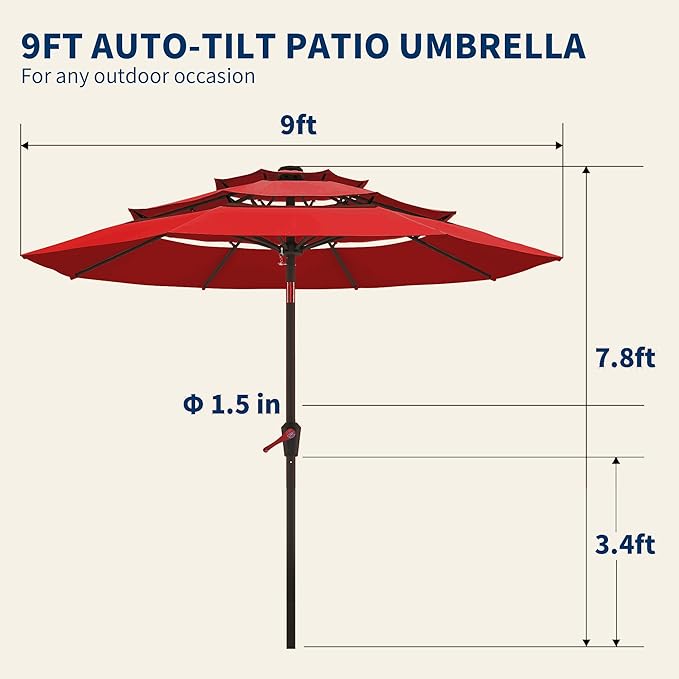 9FT 3 Tiers Patio Umbrella With Auto Tilt And Crank, Outdoor Table Market Umbrella with 8 Sturdy Ribs for Garden, Lawn, Deck, Backyard and Pool