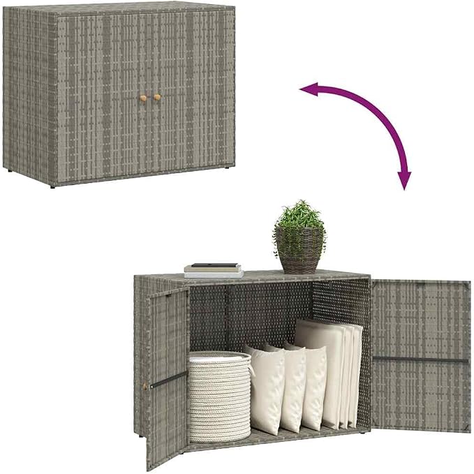 Outdoor Garden Storage Cabinet, Grey Poly Rattan Patio Deck Box with Double Doors, Large Tool Organizer for Balcony Terrace and Backyard, 39.4 x 39.4 x 31.5 in