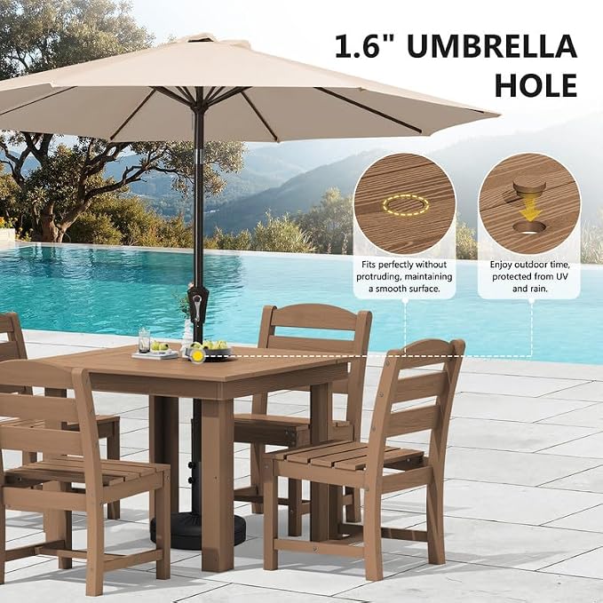 KINGYES 5-Piece HDPE Outdoor Dining Set for 4, Square Patio Table & Armless Chairs with Umbrella Hole, All-Weather Patio Dining Set for Backyard, Garden, Lawn & Poolside, Brown