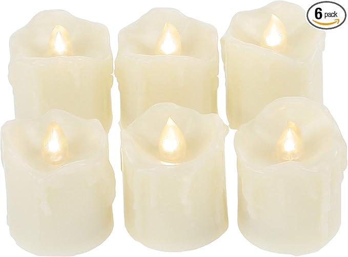 6 Battery Operated Flameless LED Votive Candles with Remote Realistic Flickering Fake Electric Tea Lights Set Bulk Baptism Wedding Party Decorations Kitchen Home Décor Centerpieces Batteries Included