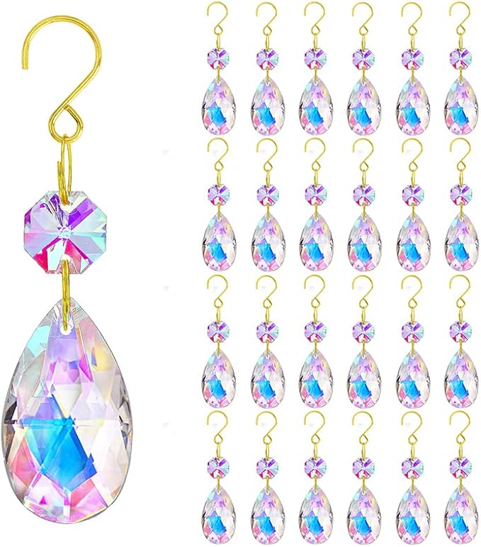 25pcs Crystal Teardrop Chandelier Parts, 38mm Suncatcher Crystal Prisms | Hanging Ornament Chandelier Crystals Rainbow Maker for Windows/Wedding Christmas Tree Decor (Glod Hook+Ring)