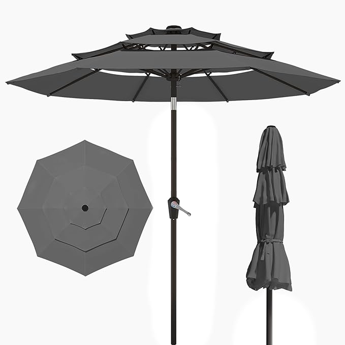 10FT Patio Umbrella 3 Tiers Outdoor Market Umbrella w/Push Button Tilt, Crank, UV and Waterproof Table Umbrella for Garden, Pool, Backyard, Deck, Lawn, Grey