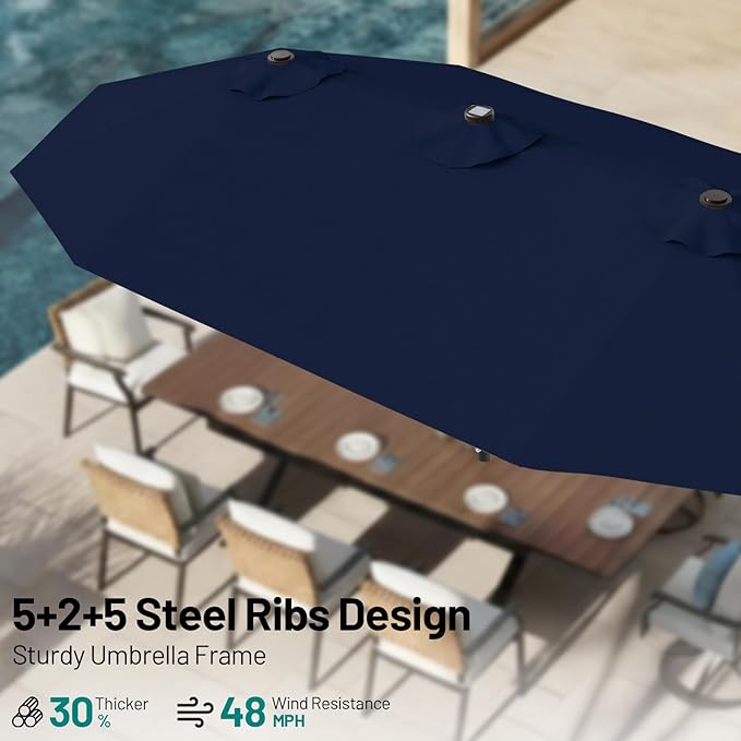 AreShark 15FT Patio Umbrella with Solar Lights, Double Sided Outdoor Table Umbrellas with Crank, Large Rectangular Market Umbrella for Porch, Lawn, Pool, Backyard, Navy