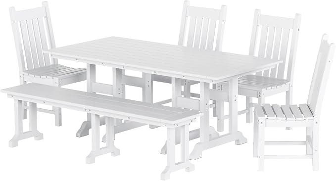 WestinTrends Malibu 6 Piece Outdoor Dining Set with Bench, All Weather Poly Lumber Patio Table and Chairs Set, 71" Trestle Dining Table with Umbrella Hole, 5 Patio Chairs with Bench, White