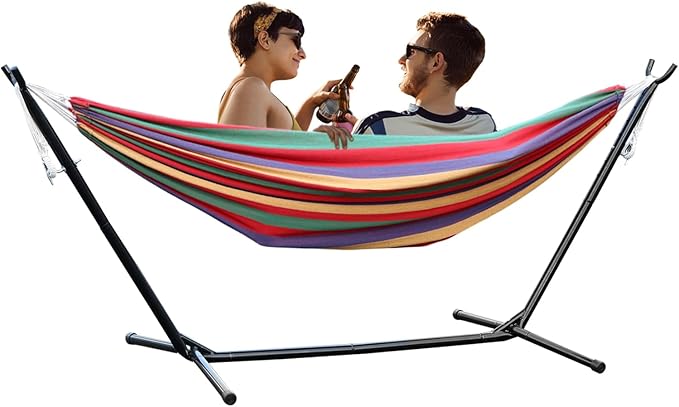 Folding Swing Hammock with Stand, Portable Outdoor Indoor Camping Hammock Chair with 450LBS Capacity, Heavy Duty Steel Frame Backyard Patio Garden Poolside Porch, Includes Carry Bag for Travel Red