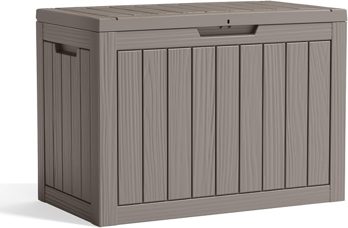 46 Gallon Outdoor Deck Box, Resin Waterproof Storage Box With Lockable Lid, UV-Resistant Multi-Purpose Outdoor Storage Bench for Patio Cushions, Garden Tools, Pool Accessories (46 Gallon, Grey)