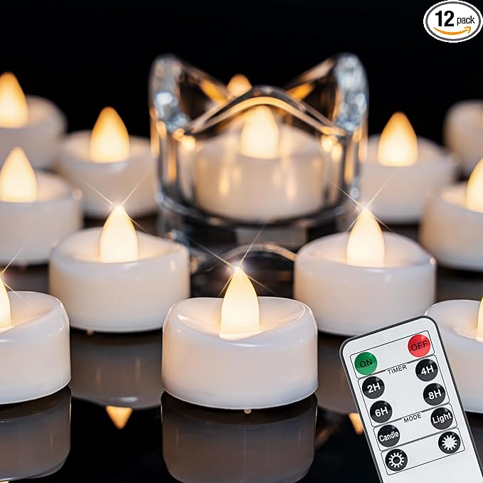 merrynights Remote Candles, 12PCS Flameless Tea Lights Candle Battery Operated with Timer, 400+Hours Remote Control LED Tea Lights Votive Candle for Holiday Table Centerpieces Decor