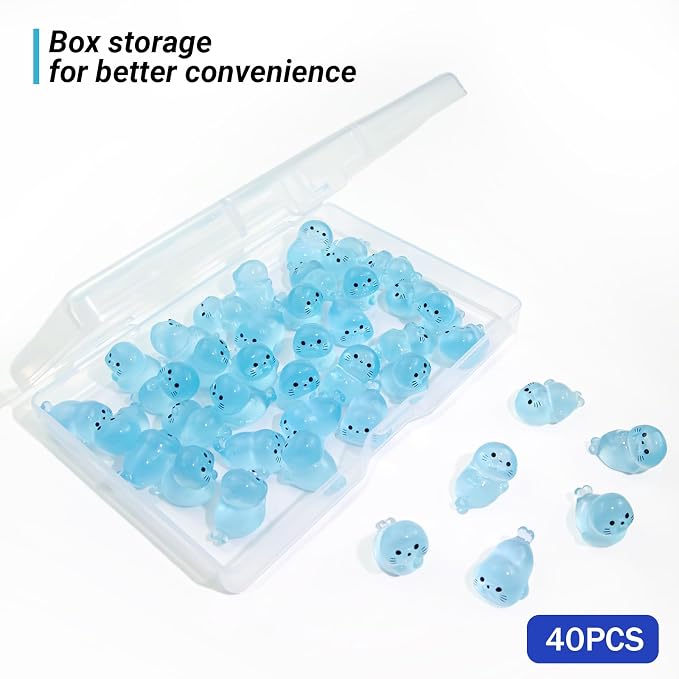 40Pcs Glow in Dark Mini Resin Seal Figurines - 5 Styles Luminous Sea Animals for Terrarium Decor, Fairy Garden, Aquarium, Small Resin Animals with Storage Box