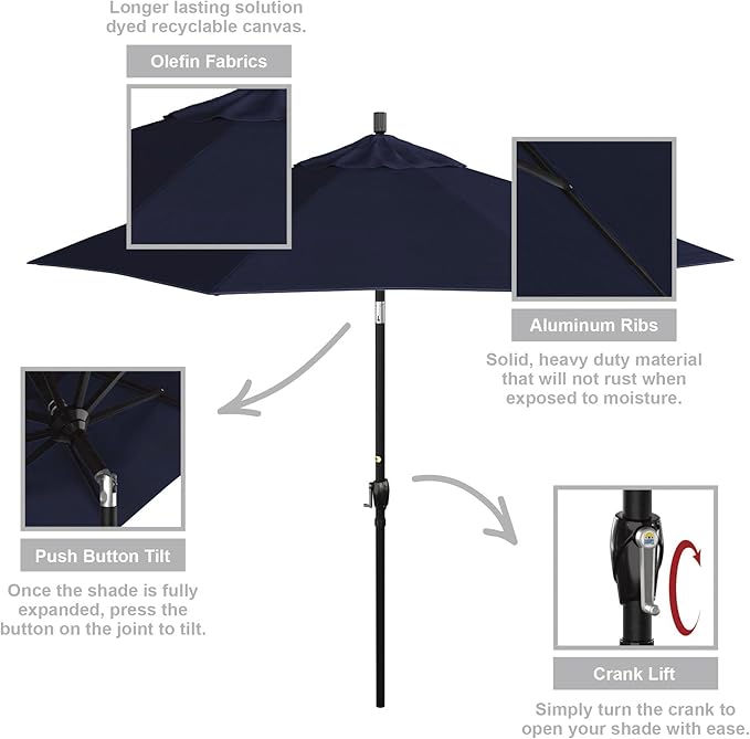 California Umbrella 9' Round Aluminum Market Umbrella, Crank Lift, Push Button Tilt, Black Pole, Navy Blue Olefin