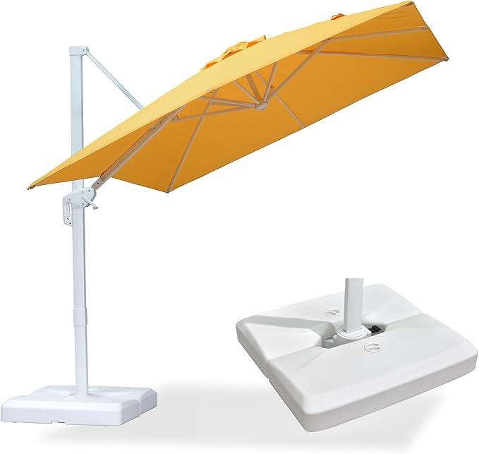 PURPLE LEAF 8 FT Patio Umbrella With Base White Cantilever Umbrella Square Outdoor Offset Umbrella Windproof with 360° Rotation for Garden Deck Pool, Yellow