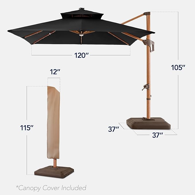 Best Choice Products 10ft Square Cantilever Patio Umbrella w/Base Included, Woodgrain Pattern Pole & Solar LED Lights, 360-Rotation, Offset Hanging Outdoor Shade
