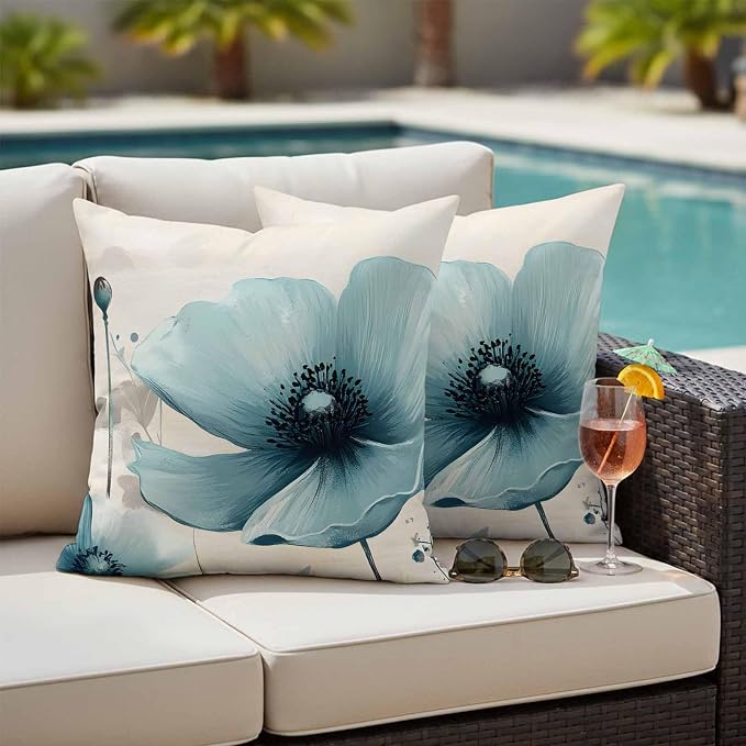 Blue Flowers Butterfly Outdoor Waterproof Throw Pillow Covers Set of 2, 16"x16", Watercolor Retro Leaf Pastoral Style Decorative Pillow Covers Outside Cushion Case for Patio Porch Garden