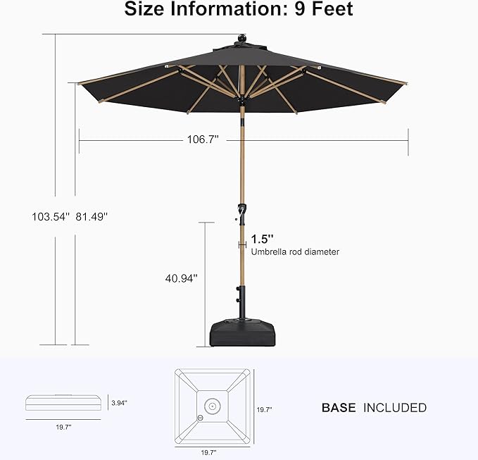 PURPLE LEAF 9 Feet Patio Umbrella with Base Market Umbrella Round Outdoor Umbrella with Push Button Tilt & Crank and 8 Ribs Aluminum Table Umbrella for Pool Backyard Beach, Black