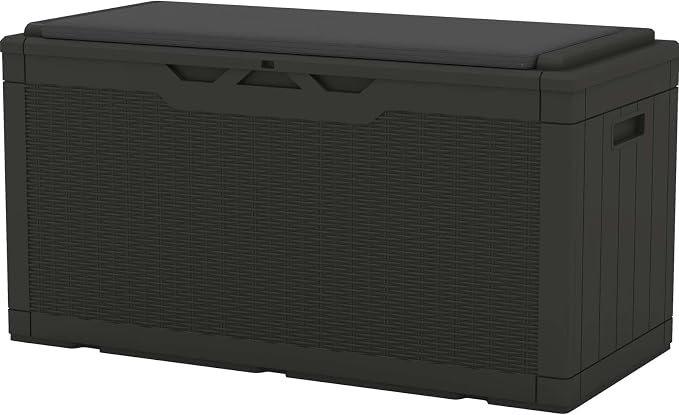 Patiowell 100 Gallon Resin Deck Box with cushion, Waterproof Large Outdoor Storage Box for Patio Furniture and Garden Tools, Black