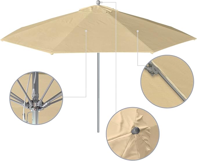 California Umbrella 11Ft Commercial Grade Sunbrella Fabric Market Umbrella, Pulley Lift, Aluminum/Fiberglass, 2mm pole wall, Silver Frame, Beige Fabric