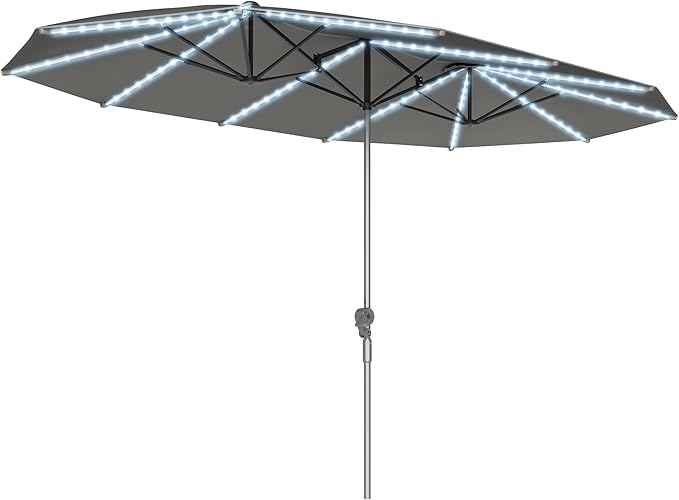 Outsunny 15ft Extra Large Patio Umbrella with Bright Solar Lights, Aluminum UPF50+ Double-Sided Outdoor Table Market Umbrella with Fiberglass Ribs Crank Air Vents for Backyard Deck Pool