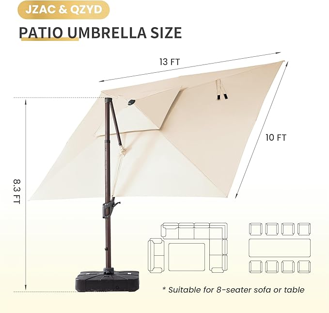 JZAC & QZYD 10X13 FT Outdoor Cantilever Patio Umbrella with Base Included and LED Lights, Large Heavy Duty 2-Tier Aluminum Offset Umbrellas with 360-Degree Rotation for Pool Deck, Beige