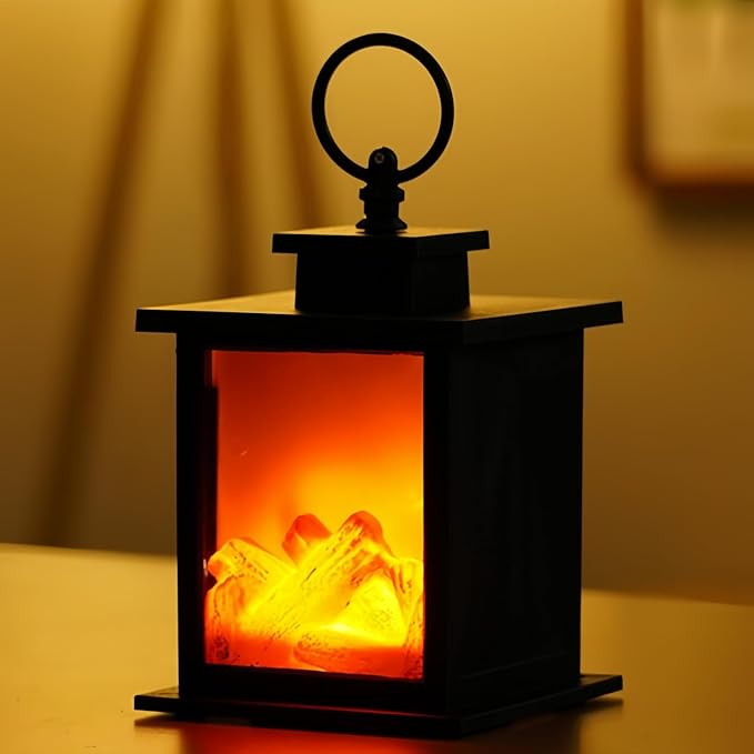 Simulated LED Fireplace Lantern Battery Powered Flameless Light with Simulation Flame Table Decorative Lamp Mini Fireplace Ornament for Cozy Home Decor Free Standing Electric Log Burner