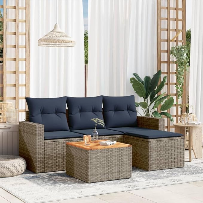 vidaXL Patio Sofa Set with Cushions 5 Piece, Outdoor Conversation Set, Patio Furniture Set for Balcony Garden, Modern Style, Gray Poly Rattan