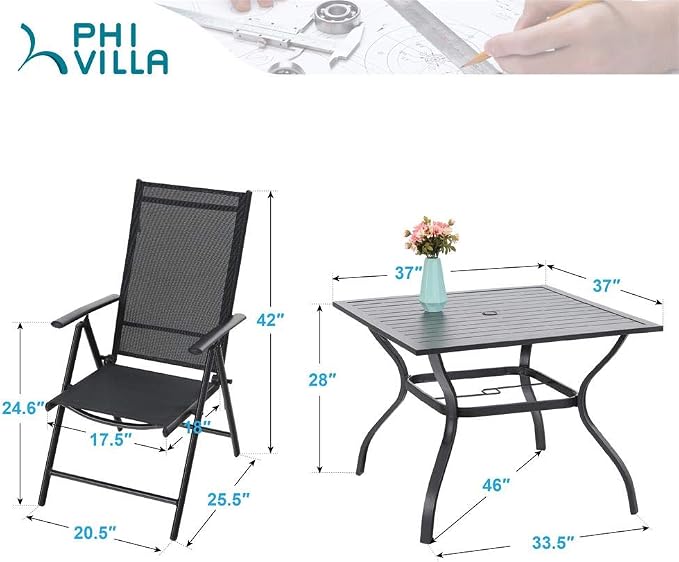 PHI VILLA Outdoor Patio Dining Set with Umbrella, Outside Table and Folding Chair Set for 4 and 1 Large Patio Table Umbrella(Navy Blue)