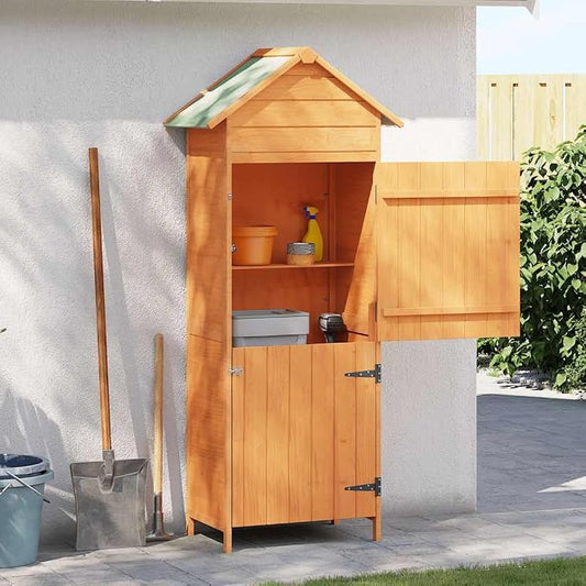 Brown Wood Outdoor Cabinet Storage Box 16.7 in x 25.2 in x 74.8 in Rustic Garden Cabinet for Tools and Equipment