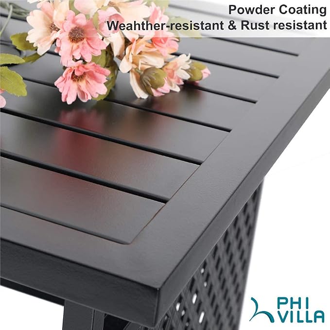 PHI VILLA Patio Umbrella Side End Table Stand with Hole, Small Square Black Metal Bistro Table for Outdoor Garden Pool, 22"