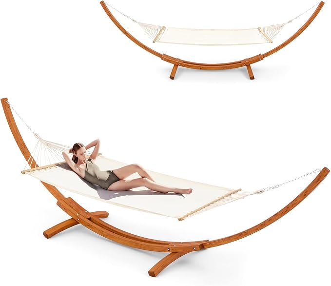 ECOTOUGE 14 FT Hammock with Stand, 2 Person Heavy Duty Hammock Stand, Large Hammock Bed for Porch, Patio, Balcony, Garden, Backyard, White-Yellow