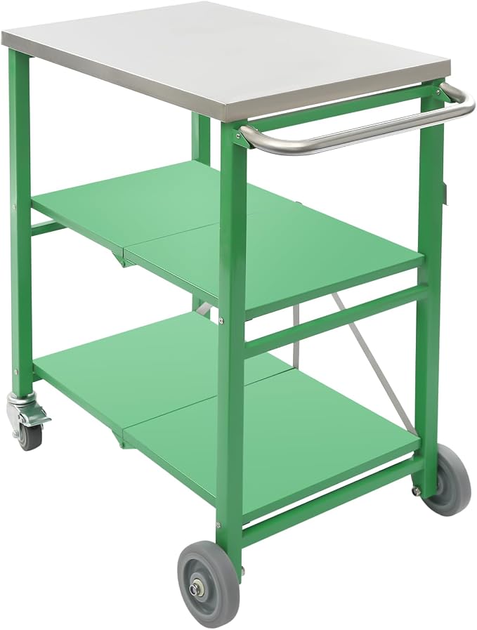 Foldable Outdoor Grill Table with 2 Total Lock Casters, Stainless Steel Pizza Oven Stand, 3 Shelf Folding Kitchen Island, Green, 27.6 x 18.5 (Silver, Green)