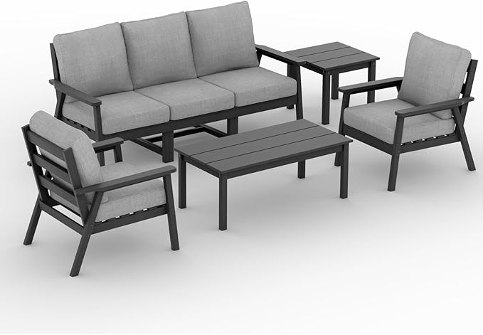 LOUNZY HDPE Outdoor Furinture Set, 7 Piece Sectional Sofa Patio Furniture Set, All Weather Outdoor Couch Set Patio Furniture Set for Deck, Lawn, Grey