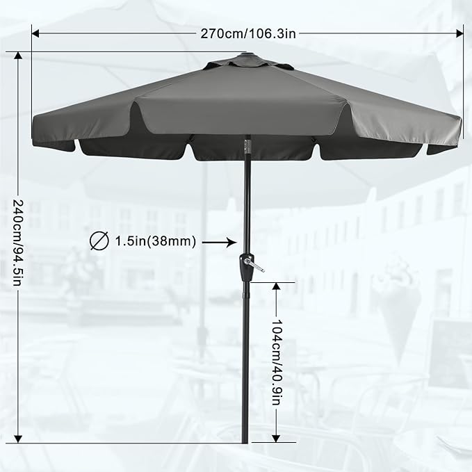 MASTERCANOPY 9ft Patio Umbrella with Valance, Crank and Tilt – 8 Ribs Outdoor Market Umbrella, UV/Fade Resistant, Waterproof Canopy with Wind Vent for Garden, Deck, Backyard, Pool (Dark Gray)