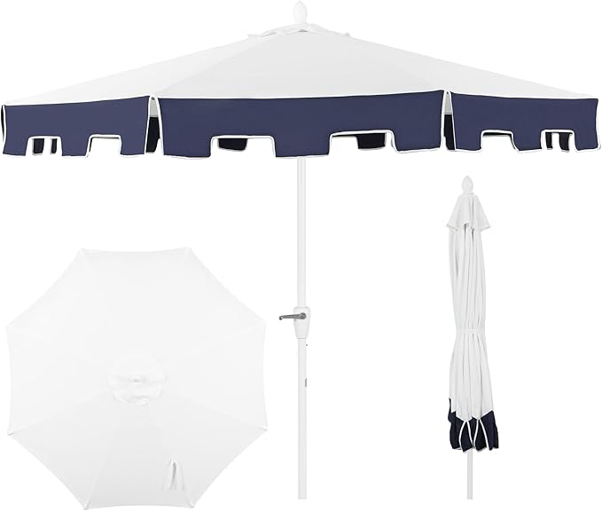 JONATHAN Y Baiona 9 ft. White/Navy Outdoor Patio Umbrella with Crank Lift and Tilt, 8 Ribs UV-Resistant Market Table Umbrella with Square Trim for Pool, Deck, Coastal, White Pole UMB1000A