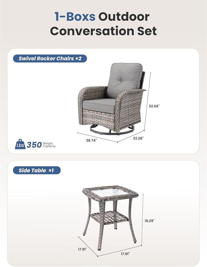 3-Piece Outdoor Patio Furniture Set with Swivel Chairs, Outdoor Conversation Wicker Sofa with Coffee Table, Rattan Couch for Deck Yard Poolside, Dark Grey