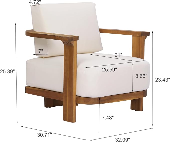 Christopher Knight Home Stella Acacia Wood 4 Piece Patio Furniture Set, Wooden Patio Conversation Set with Club Chair+Coffee Table, 4-Seater Outdoor Loveseat Sofa + Armchair and Table Set, Teak+Beige