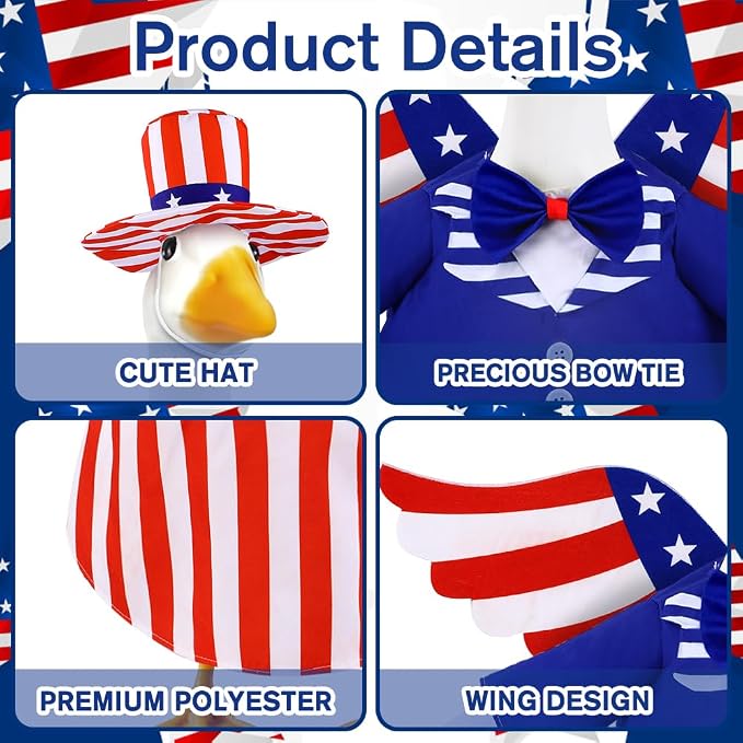 4th of July Patriotic Porch Goose Outfits with Wings for 23" Porch Goose Independence Day Goose Costume USA 250th Anniversary Outdoor Patio Yard Lawn Garden Decoration