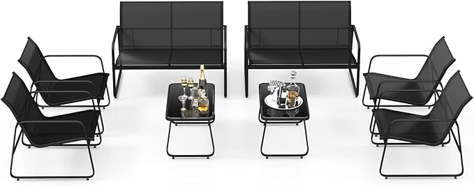 Tangkula 8 Pieces Patio Furniture Set, Outdoor Conversation Set with Tempered Glass Coffee Table, Outdoor Garden Porch Furniture Set with Breathable Fabric and Rustproof Metal Frame (2, Black)
