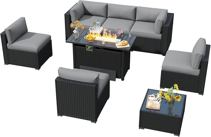 LazySunsets 8 Piece Outdoor Patio Furniture Set with 44'' Fire Pit Table, Outdoor Patio Furniture Set with Thicken Cushion, Wicker Rattan Outdoor Conversation Set for Backyard & Garden, Light Grey