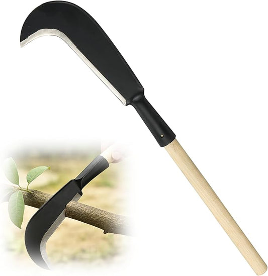 Sickle Garden Tool, Heavy Duty Carbon Steel Billhook Machete for Cutting Trees, Hand Grass Weeding Brush Clearing Sickle Knife with Wooden Handle Sharp Blade Portable for Yard Work Camping Farming