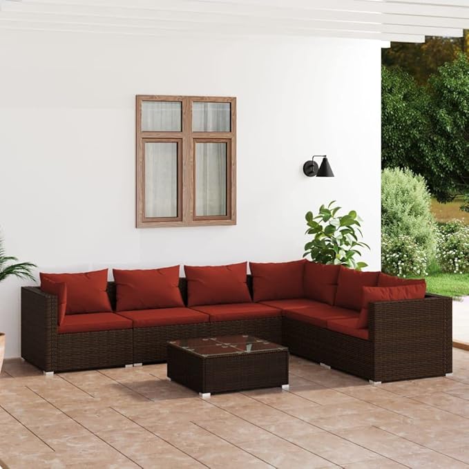 Patio Lounge Set with Cushions,Outdoor Table and Chairs Set,Terrace Conversation Set Furniture,Outdoor Furniture,for Garden,Backyard,7 Piece Poly Rattan Brown