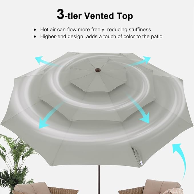 ABCCANOPY 9Ft 3 Tiers Market Umbrella, Outdoor Table Umbrella for Patio, Deck, Backyard (Gray)