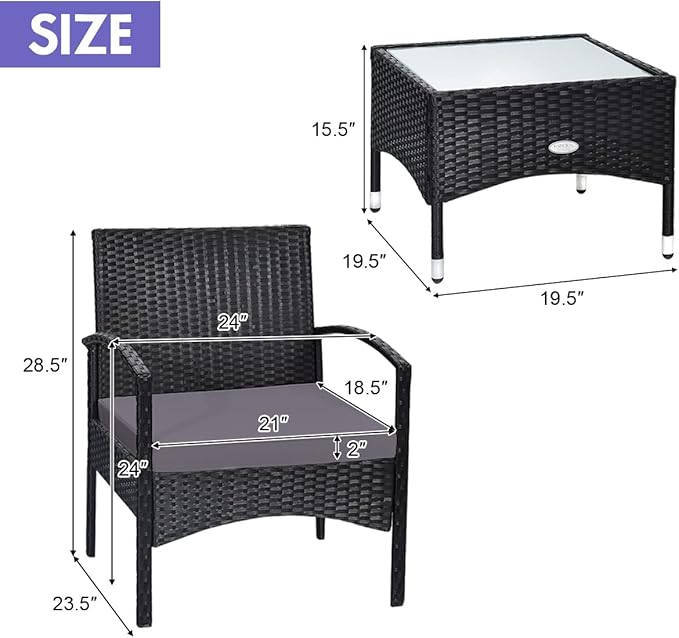 Tangkula 3 Pieces Patio Wicker Rattan Furniture Set, Rattan Chair with Coffee Table, High Load Bearing Chair Conversation Sets for Patio Garden Lawn Backyard Pool