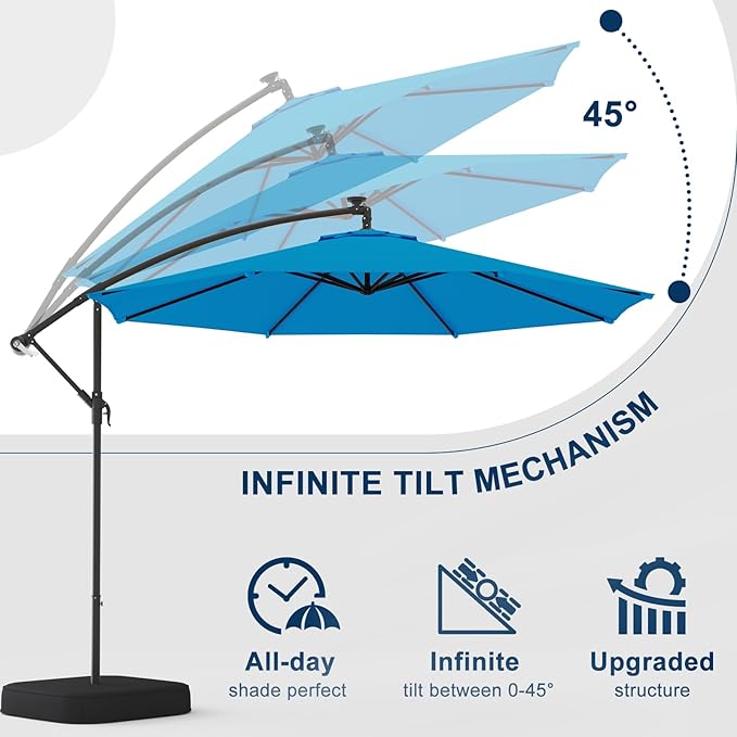 EROMMY 10FT Patio Umbrella with Base Included, Outdoor Offset Cantilever Umbrella, Infinite Tilt, Crank and Cross Base, UV Protection for Backyard, Lawn, Garden & Pool