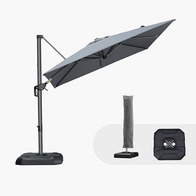 PURPLE LEAF 8'×8' Patio Cantilever Umbrella with Base Included Offset Outdoor Umbrella with Cover Square Outdoor Patios for Backyard Pool Garden Light Grey