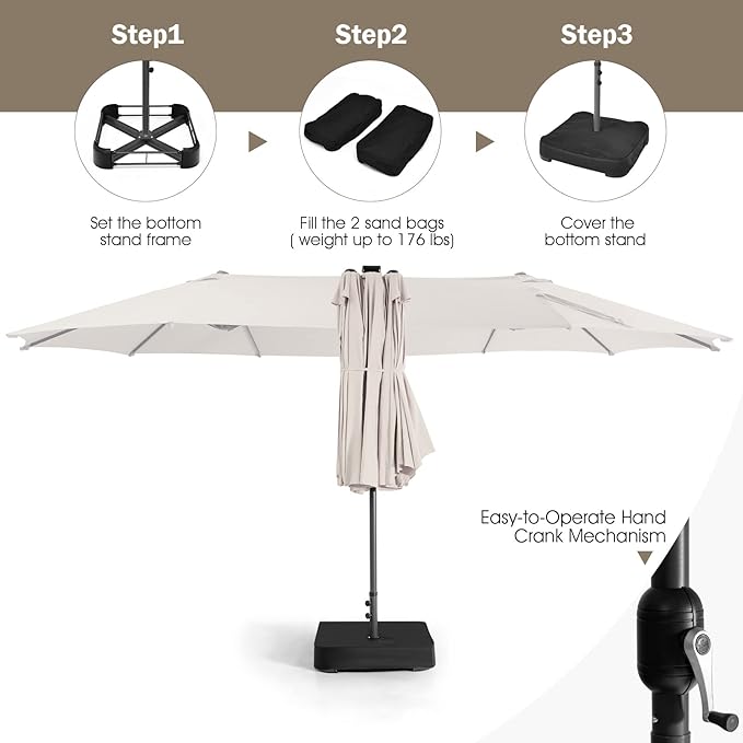 Giantex Large Outdoor Umbrella Double-Sided, 48 Solar Lights, Auto-Charging Solar Panel, Extra Large Patio Umbrella with Base and Crank, Outdoor Market Umbrellas for Poolside Garden