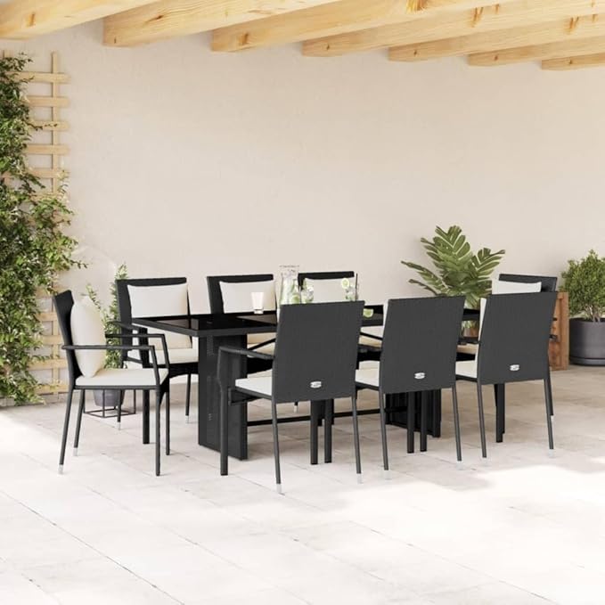 Backyard Furniture Patio Conversation Sets Outdoor Seating 9 Piece Patio Dining Set with Cushions Black Poly Rattan Suitable for Gardens, Balconies, Decks