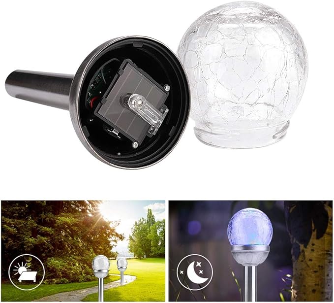 2Pcs Solar Powered Outdoor Lights, Crackle Round Ball LED Garden Lamps for Courtyards, Yards, Patios, and Walkways, Stake Lights for Decorative Landscape Lighting