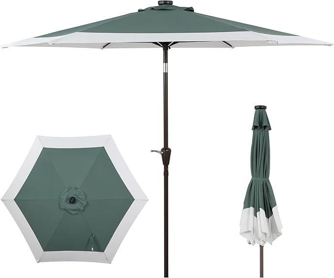 JONATHAN Y Spencer 9 ft. Solar Powered LED Patio Umbrella with Crank and Tilt, Hexagon Outdoor Market Sunshade for Garden, Deck and Pool, Green/White, Dark Brown Pole UMB1100E
